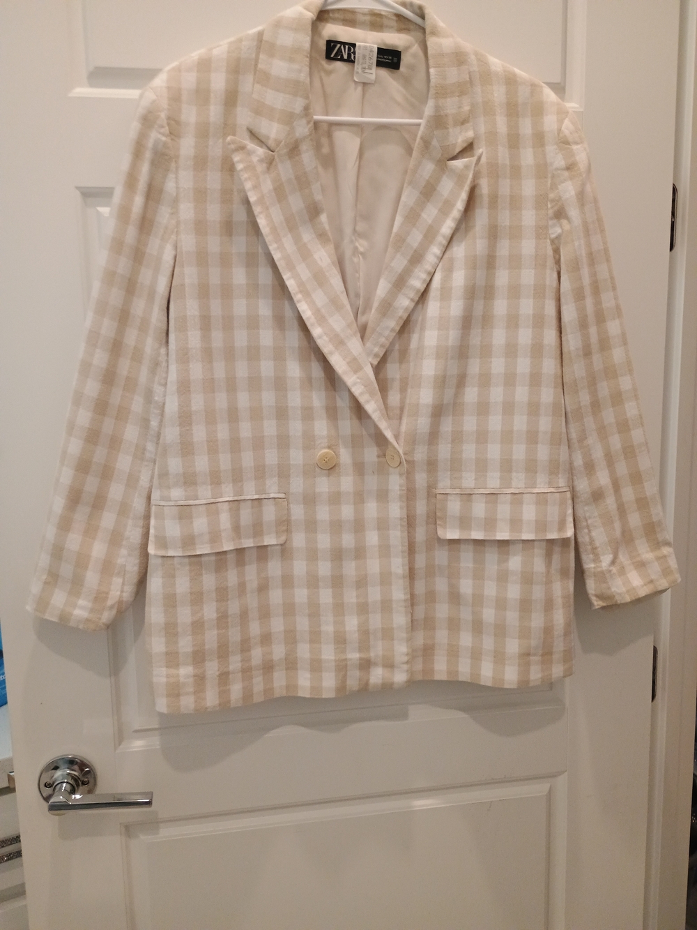 ZARA Beige and White Gingham Double-Breasted Blazer